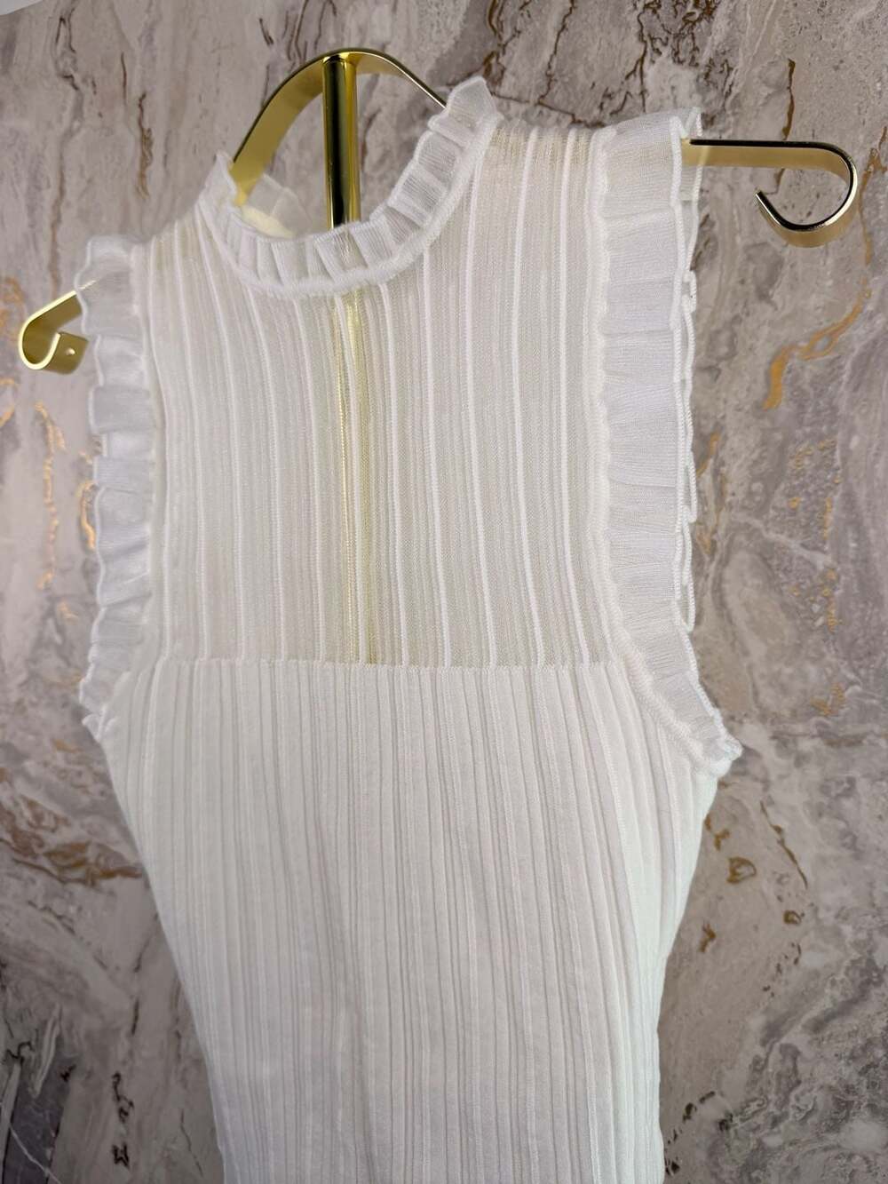 Commense Tank Top Size M White Ribbed Knit Ruffle Mock Neck - Picture 5 of 9
